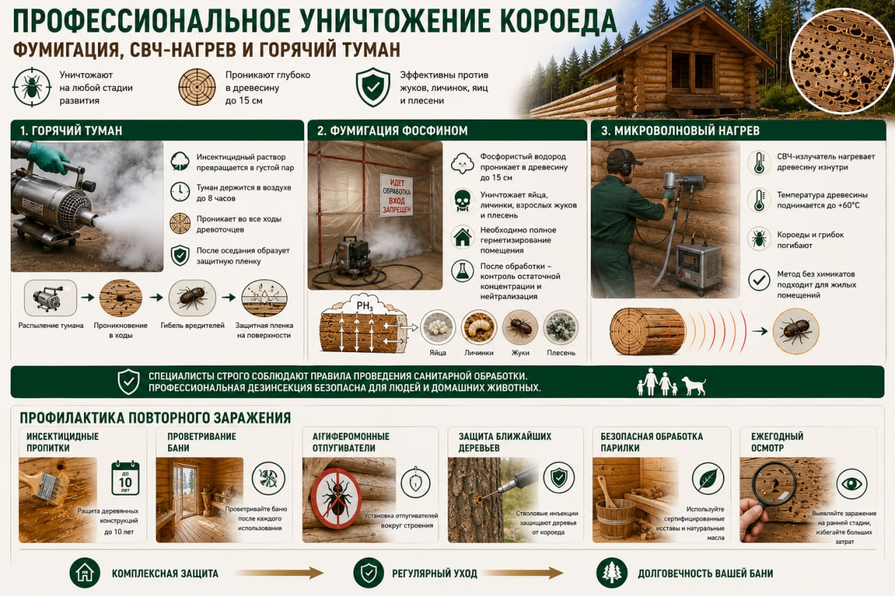 Профессиональное уничтожение короеда: фумигация, СВЧ-нагрев и горячий туман